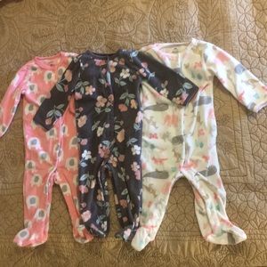 Three Carter’s fleece sleep and play pajamas 9M